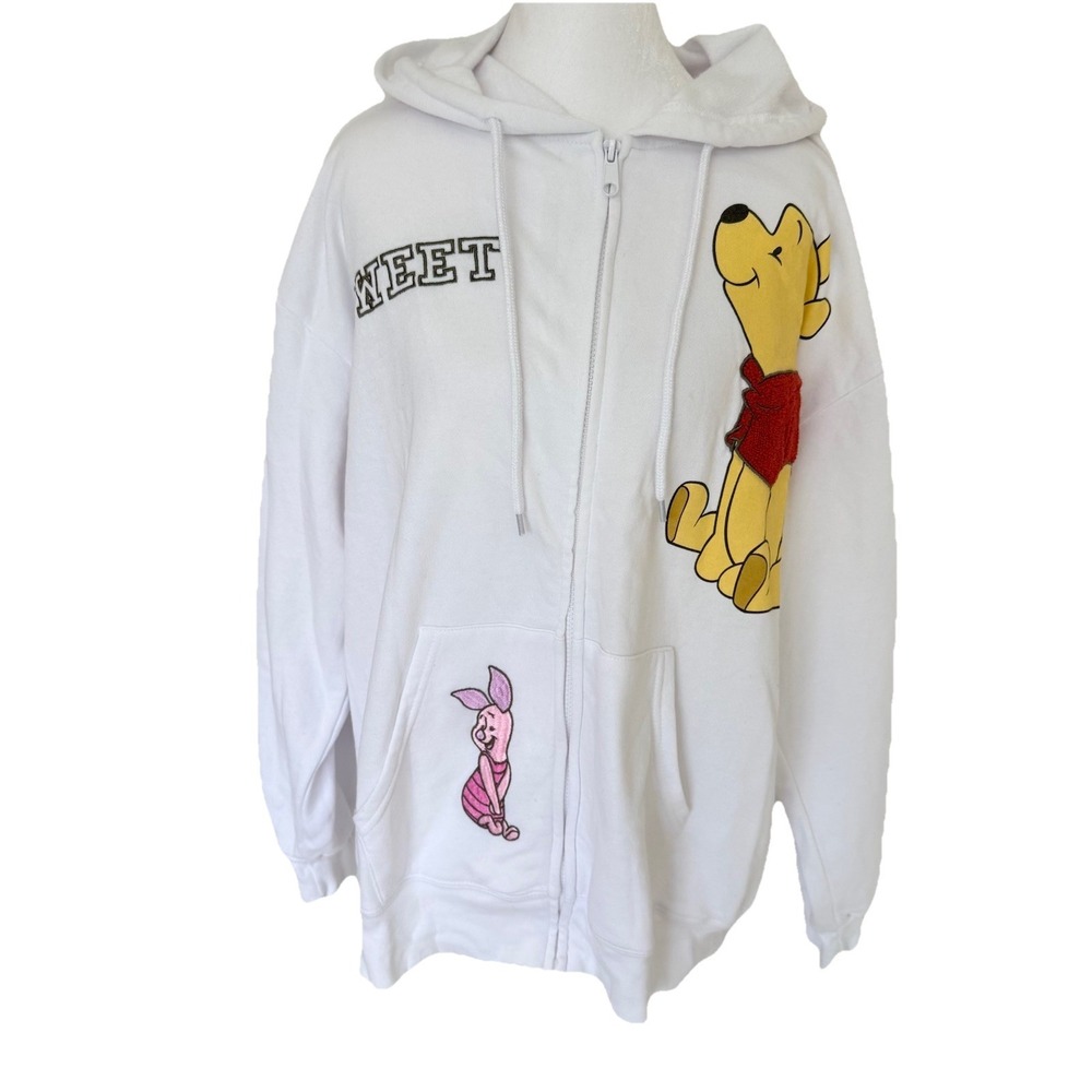 DISNEY Winnie the Pooh White Full Zip Hoodie Women's XL Embroidered Sweatshirt